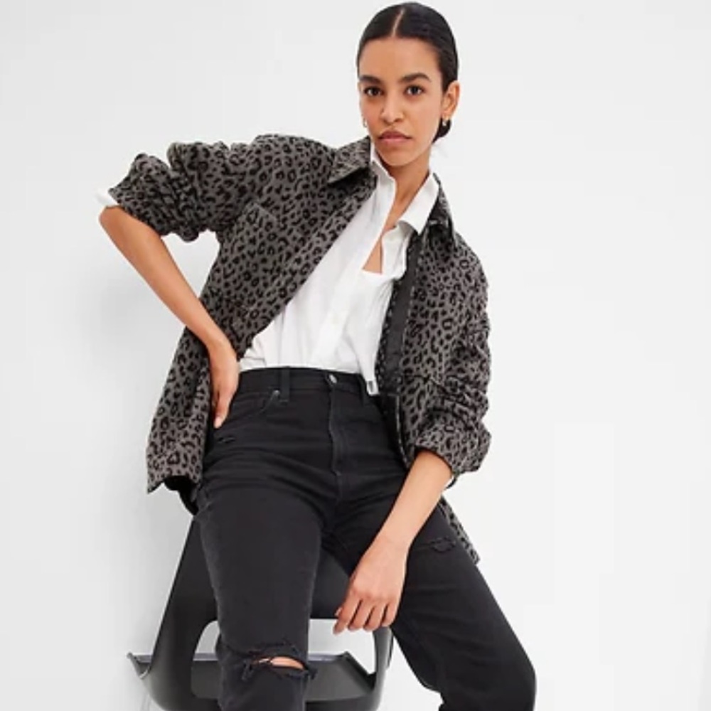Wool Blend Oversized Leopard Print Shirt Shacket with pockets